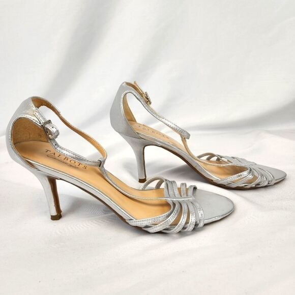 Talbots Silver Tone Metallic Strappy Stiletto Heel Ankle Strap Sandals Size 8.5 - Picture 3 of 13